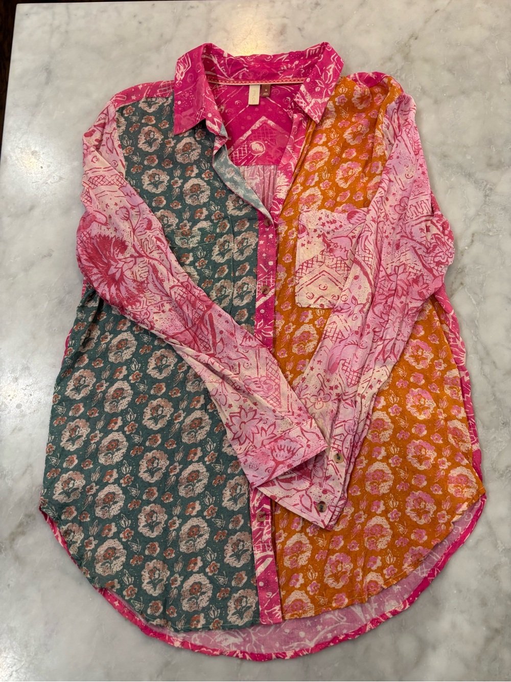 Pilcro Pink Floral Patchwork Button-Down Shirt